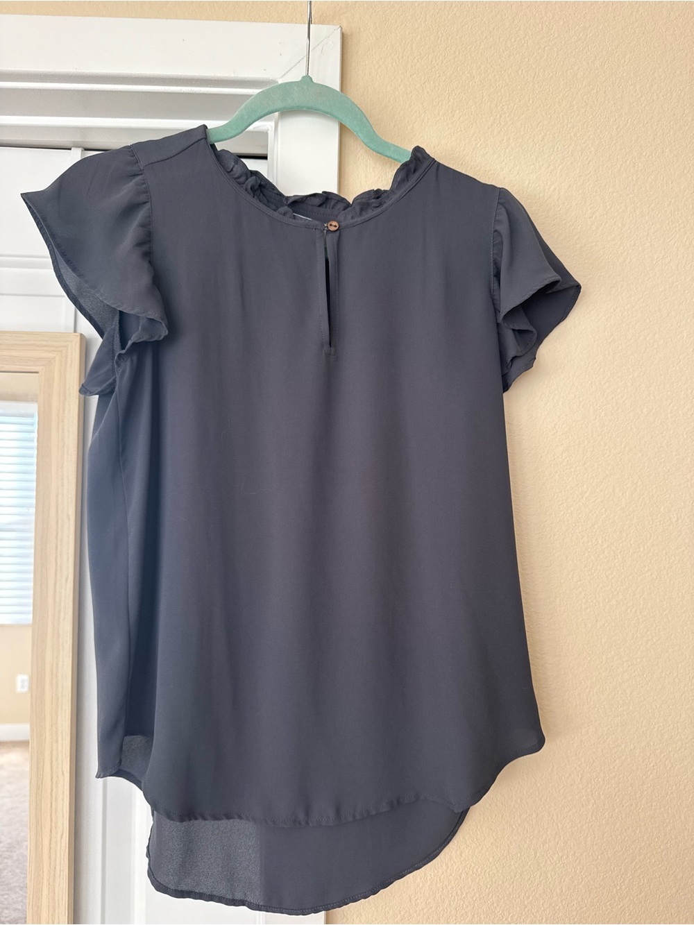 LOFT Slate Gray Ruffle Trim Flutter Sleeve Blouse